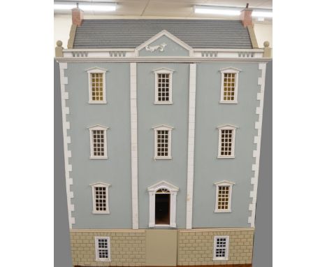 Large wooden Regency town house Dolls House, front opening to seven rooms and two room basement, W91cm D42cm H123cm, and a co