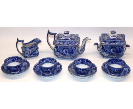 Early C19th blue &amp; white pearlware tea set, printed with exotic birds in scale reserve panels on floral ground, comprisin