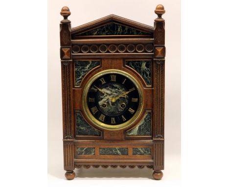 A. F - late C19th French walnut mantle clock, arched topped case with inset variegated marble panels and carved square column