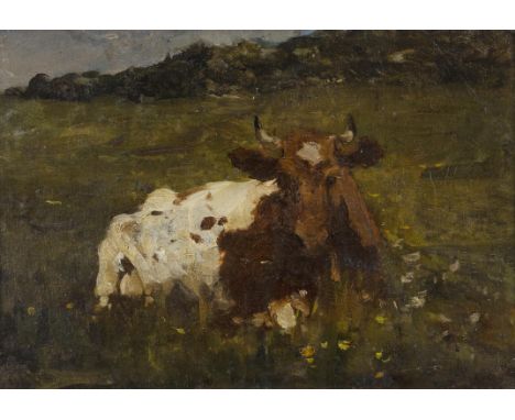 Nathaniel Hone&nbsp;R.H.A. (1831-1917)A Contented CowOil on canvas on board, 31 x 44.5cm (12¼ x 17.5")Provenance: Sale deVere