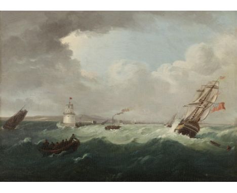 William Sadler II (1782-1839)Shipping off Poolbeg Lighthouse, DublinOil on panel, 34 x 46cm (13½ x 18")Condition Report:  Ver