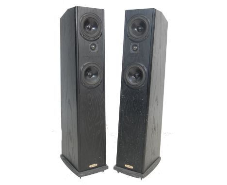 A pair of vintage 20th century Ruark Prolog floor standing speakers of a pedestal form with two circular speaker set in a bla