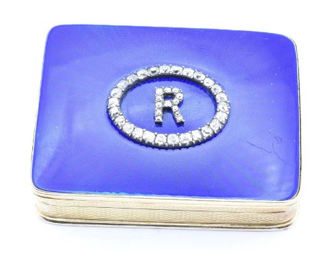 An 18ct gold enamel and diamond vinaigrette. The vinaigrette having a sunburst blue enamel lid set with old cut diamonds with