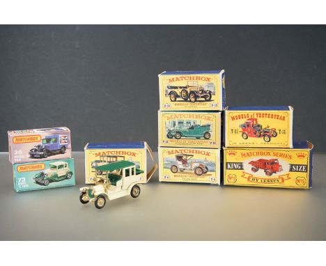 Eight boxed Matchbox diecast models to include King Size No 5 Foden Truck in yellow, 73 Model A Ford, 38 Model A Van and 5 x 