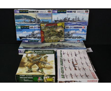 Eight boxed plastic model kits to include 5 x Tamiya 1/700 Water Line Series (Japanese Light Cruiser Mogami, Japanese Navy De
