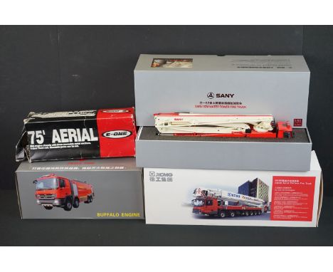 Four boxed diecast fire engines to include a Jieda Fire Buffalo Engine, XCMG DG100 aerial platform fire truck (missing end fl