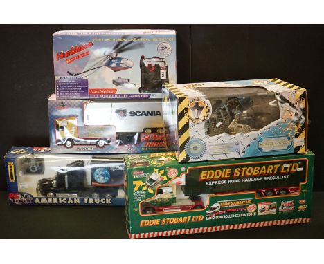 4 Boxed Radio control vehicles to include Humblebee Helicopter, Trucking Kids Scania Truck, Impact International Eddie Stobar