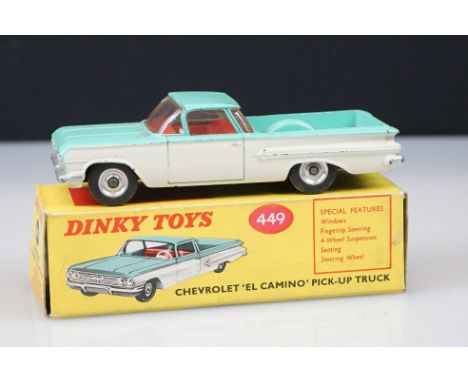 Boxed Dinky 449 Chevrolet El Camino Pick Up Truck diecast model in turquoise/off white with red interior, some paint chips to