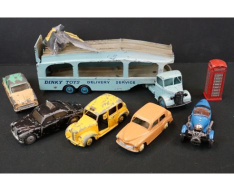 Six Mid 20th C play worn diecast models to include 5 x Dinky (582 Pullmore Transporter, 175 Hillman Manx, 154 Hillman Manx, A