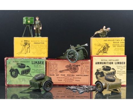Five boxed Britains military models to include No 1728 Predictor, No 1731 Spotting Chair and Observer, No 1292 Royal Artiller