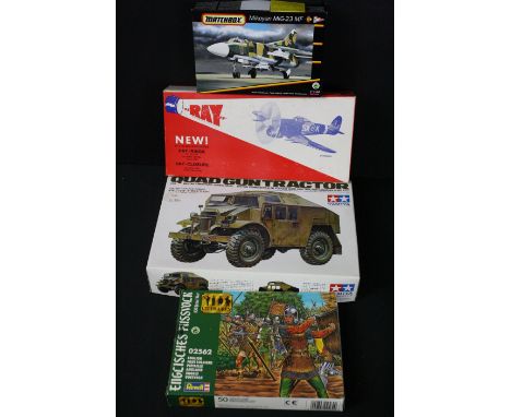 Four plastic / wooden model kits to include Ray Typhoon Solid Balsa Wood kit, Tamiya 1/35 Quad Gun Tractor (part built), Matc