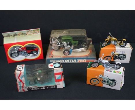 Five boxed diecast &amp; plastic model motorbikes to include 3 x Polistil (750 GT55, 114 Suzuki RH70 &amp; 117 Montesa 250 Cr
