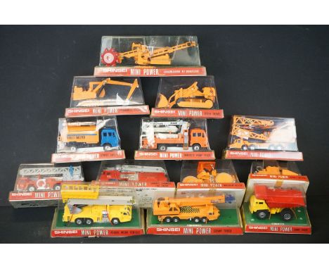 13 boxed/cased Shinsei Mini Powers diecast construction &amp; fire engine models to include Mechanical Truck Crane, Concrete 
