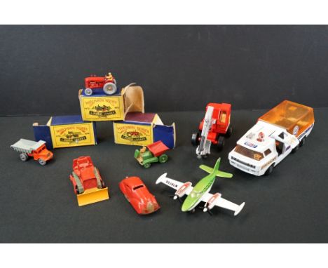 Three Boxed Matchbox Lesney diecast models to include no. 2 dumper truck, no. 6 tipper truck and no. 4 tractor (diecast fair 