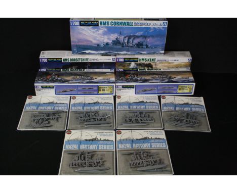 Ex shop stock - Five boxed Aoshima 1/700 British Heavy Cruiser plastic model kits to include 056721 HMS Cornwall, 2 x 056691 