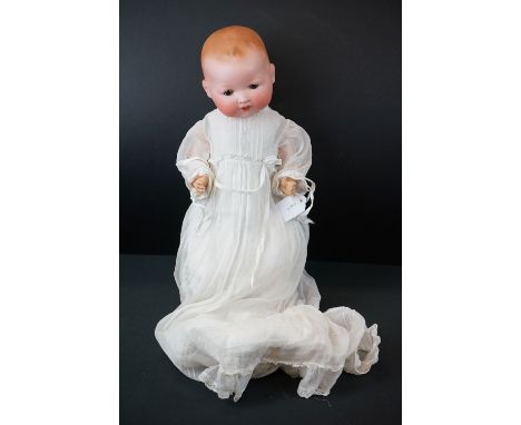 Early 20th C Armand Marseille baby doll, bisque head, bottom teeth, sleeping glass eyes, original dress, chip to one finger, 