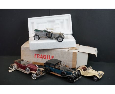 Boxed Franklin Mint Silver Ghost diecast model with certificate and paperwork, damaged windscreen, plus 3 x unboxed Franklin 