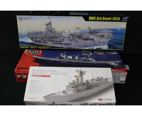 Three boxed 1/350 plastic model kits to include Merit 65307 HMS Ark Royal 1939, Airfix A14201 HMS Illustrious and Academy Hob
