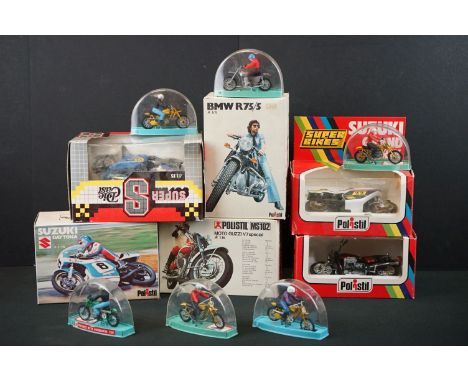 12 Boxed / cased Polistil diecast motorcycle models to include 6 x cased Politoys (2 x MT13 Yamaha Cross, 2 x MT14 Suzuki RH 