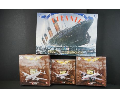 Three Boxed Corgi Aviation Archive Frontier Airlines diecast models, 1:144 scale, to include 47105 Douglas DC3 Eastern Airlin