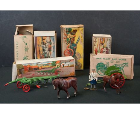 Six boxed Britains Farm diecast models to include No 45F Milk Float &amp; Horse, No 4/8 Single Horse Plough with Ploughman, N