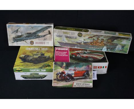 Five boxed plastic model kits to include 3 x Airfix (1:600 Tirpitz, 1:72 Dornier 17 &amp; 1:32 1911 Prince Henry), 1 x Aurora