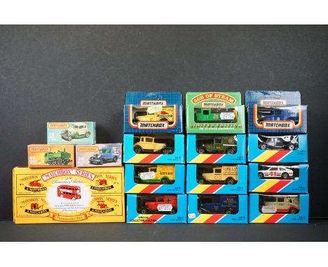 16 Boxed Matchbox diecast models to include 3 x 75 Series (47 Pannier Locomotive, 38 Model A Van &amp; 73 Model A Ford), 8 x 