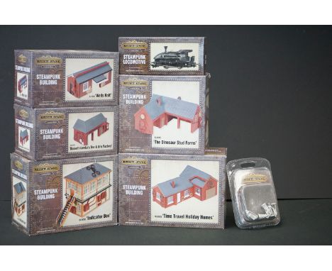 Ex shop stock - Five boxed Bassett Lowke OO gauge Steampunk Buildings to include BL8005 The Dinosaur Stud Farms, BL8002 Time 