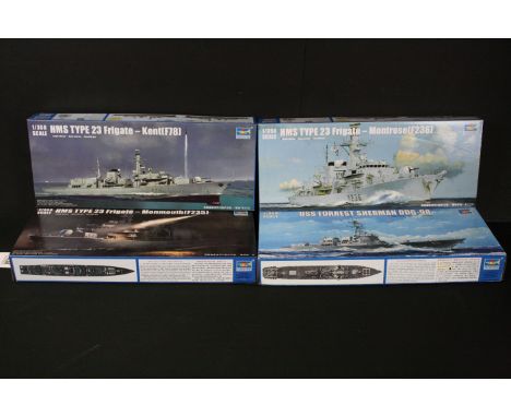 Four boxed Trumpeter 1/350 plastic model kits to include 04547 HMS Type 23 Frigate Monmouth (F235), 04528 USS Forrest Sherman