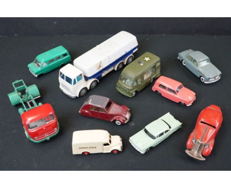 10 Mid 20th C diecast / tin plate models to include Tekno 817 Lloyd in pink, Tekno Volvo 810 in grey, Real Types Models (Cana