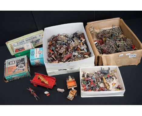 Collection of Mid 20th C play worn metal figures, mainly farm animals and accessories, to include Britains and Johillco, feat