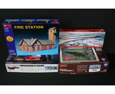 Ex shop stock -Four boxed plastic model kits to include Fujimi 1/20 GP12 Brabham BT46B Swedish GP 1978, AIP 1/350 Thunderbird