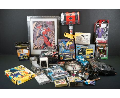 Collection of DC Comics figures, toys &amp; collectibles to include sealed GB Eye framed Harley Quinn print, The Joker Tin To