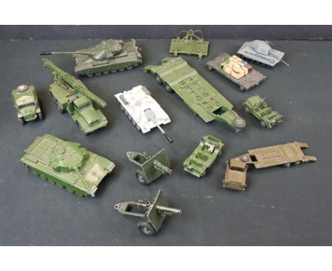12 mid 20th C onwards military diecast models to include Dinky, Budgie, Zylmex, Corgi and Britains, featuring a Budgie Toy Tr