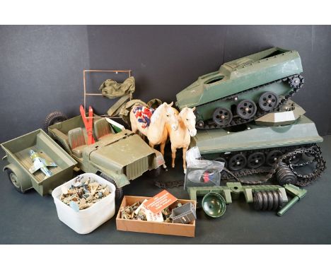 Five Action Man scale vehicles and accessories to include 2 x Horses, Scorpion Tank, Armoured Personnel Carrier and a Marx Je