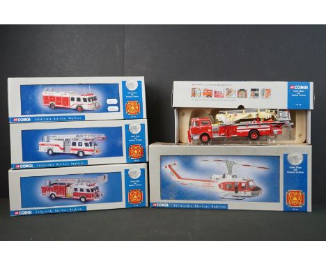 Five Boxed Corgi Classics Fire &amp; Rescue 1:50 scale Premier Models to include 54902 E-One 75ft ladder, 54904 E-One 75' lad