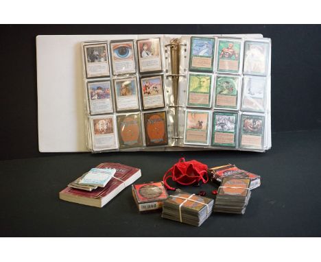 Magic The Gathering - Large collection of cards in folder plus loose cards, 28 ruby red gaming stones in pouch and The Rocket