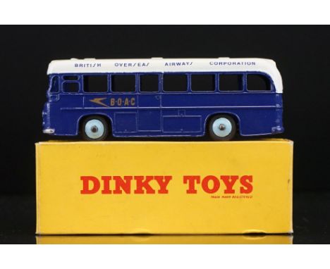 Boxed Dinky 283 BOAC Coach diecast model, decals excellent, light blue hubs, minor paint chips but diecast vg overall, gd box