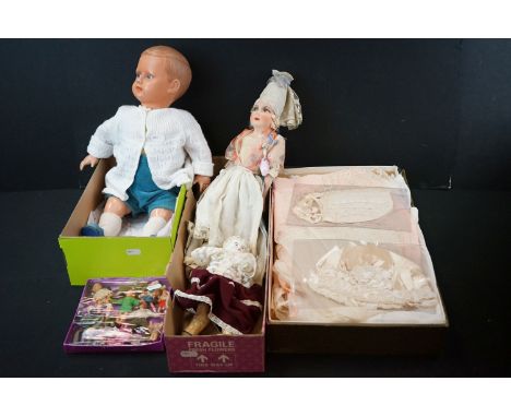 Group of vintage dolls and accessories to include Celluloid Cellba (Germany) boy doll with glass eyes, 11 x miniature dolls, 