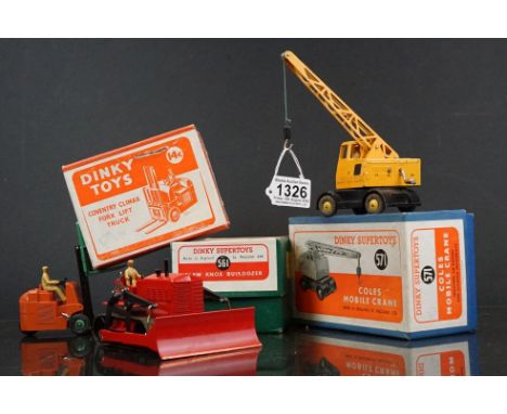 Three boxed Dinky diecast models to include 14C Coventry Climax Fork Lift Truck with main body orange, 571 Coles Mobile Crane
