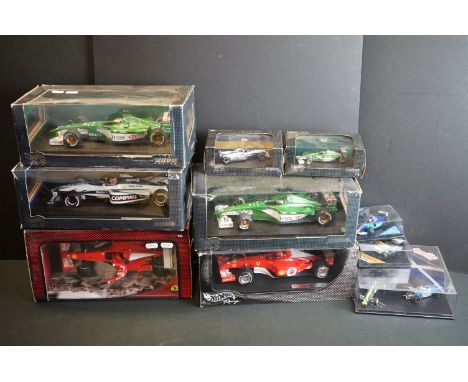 7 Boxed Mattel Hot Wheels Racing diecast models to include 4 x 2000 Racing 1:18 scale (F-2002 Michael Schumacher, 26736 Jenso