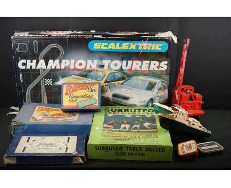 Quantity of mixed toys to include Boxed Scalextric Champion Tourers (appearing complete with slot cars), boxed Subbuteo Club 