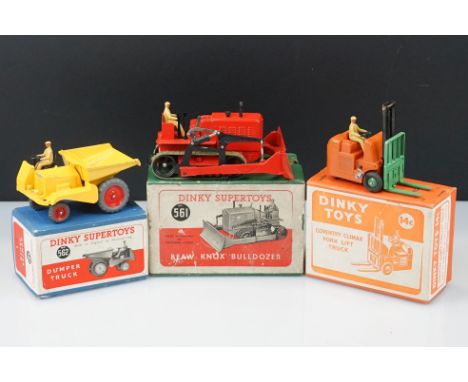 Three boxed Dinky diecast models to include 14C Coventry Climax Fork Lift Truck with orange main body, 561 Blaw Knox Bulldoze