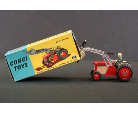 Boxed Corgi 57 Massey Ferguson 65 Tractor with Fork diecast model in red, with driver, a few paint chip but gd overall, box f