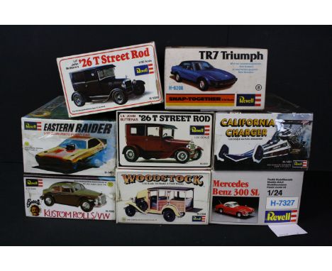 Eight boxed Revell plastic models to include 2 x H-1331 1:25 Lil' John Buttera's '26 T Street Rod, H-6206 1:25 TR7 Triumph, s