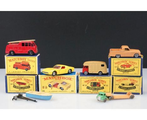 Six boxed Matchbox Series diecast model to include 9 Merryweather Marquis, 27 Bedford Low Loader, 33 Lamborghini Miura, 35 ER