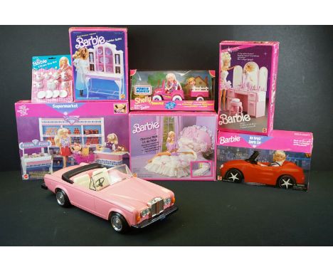 Six boxed Mattel Barbie accessories to include Shelly &amp; Tommy Power Wheels, Supermarket, Fashion Buffet, Vanity set, Glam