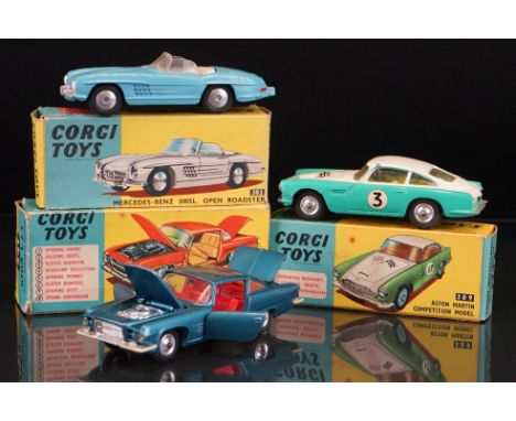 Three boxed Corgi diecast models to include 303 Mercedes Benz 300SL Open Roadster in sky blue, 309 Aston Martin Competition M