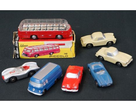 Boxed Schuco Piccolo 740 Mercedes Bus diecast model in red plus 6 x unboxed Schuco Piccolo diecast models to include Mercedes