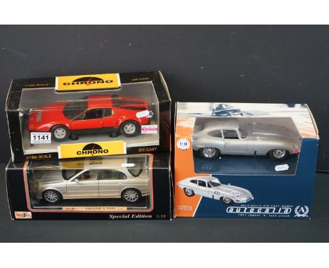 Three boxed 1/18 diecast models to include Maisto Special Edition Jaguar S-Type (1999), Chrono 512 Ferrari and M&amp;S Autoca